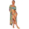 Tracksuits voor dames 2022 Zomermode Sexy vakantiestijl Gedrukte lange mouwen Shawl Sjover Swimsuit Women Two -Piece Setwomen's