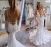 Pallas Couture Strand-Meerjungfrau-Hochzeitskleider mit langen Ärmeln, floraler Spitze, sexy rückenfreies Brautkleid mit V-Ausschnitt, Sommerurlaub, Abito sposa curvy