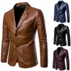 Retro Solid Color Mens Leather Suit Blazer Jacket Men Casual Business Wedding Long Sleeve Coat213G