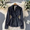 Hollow Backless Denim Women's Trench Coats Jacket Female Retro Double Breasted Tops 2022 New Autumn Korean Streetwear Outerwear 2022