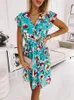 Casual Dresses Vintage Floral Printing Chiffon Mini Dress Women Sexy Deep V Neck Waist Slim Party Summer Short Sleeve Beach