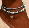 Blue Starfish Turtle Anklet Multilayer Charm Beads Sea Handmade Boho Anklet Foot Jewelry for Women Girl