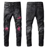 Herren Jeans Herren High Street Fashion Marke Casual Black Ripped Male Red Patch Stretch Slim Denim Hosen für Männer 806Men's