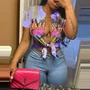 Designerski damski T -koszulka seksowna pasek pępka mody Graffiti nadrukowane kardigan frędzle podzielone z krótkim rękawem koronkowe bluzki