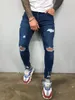 Männer Jeans Schwarz Blau Coole Dünne Knie Loch Ripped Stretch Dünne Elastische Denim Hosen Einfarbig High Street Stil Hosen mann 220408