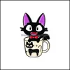 Pinsbroches smycken svart katt jiji emalj stift tecknad film broscher anpassade djurmärke för väska hatt kläder lapel stift krage jude dhtnm