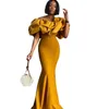 マスタード黄色の人魚の花嫁介添人ドレスは、アフリカのビーチプラスサイズの黒人ガールメイドオブザ名誉あるドレスのフリルをフリル