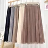 Croysier Mulheres Long Tulle Plissado Saia Primavera Verão Elástica Cintura Alta Cintura Elegante Mesh Midi Roupas 220322