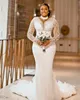 Nuovo Plus Size Arabo Aso Ebi Sheer Neck Mermaid Abito da sposa maniche lunghe Abiti da sposa sexy