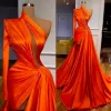 Red Prom Orange Dresses High Split 2022 Designer Ruched Satin One Shoulder Long Sleeves Custom Made Evening Party Gowns Formal Ocn Wear Plus Size Vestidos