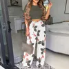 Summer Women Two Piece Set Elegant Print Office Lady Outfits Elegant O Neck Short Sleeve Shirt Pullover Wide Ben Pants Suits 220812