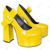 rontic handmade 여성 플랫폼 펌프 반짝이 Squre 하이힐 라운드 발가락 둥근 발가락 노란색 부르고뉴 파티 신발 미국 크기 5-15