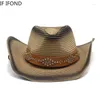 Berets Summer Western Cowboy Hat for Men Kobiety szerokie grzbiet słomy czapka na plażę Outdoor Wind Smyt Sun Sun Panama Hatberets Oliv22