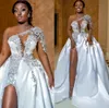 Plus Size Arabic Aso Ebi Lyxig pärlkristallbröllopsklänning med avtagbart tåg Spets sjöjungfru satinbrudklänning