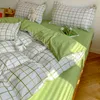 Fashion Bedding Set White Green Double Bed Linens Quilt Duvet Cover Pillowcase Queen Size Flat Sheet Classic Grid for Girl Boy