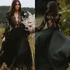 2022 Boho Black Wedding Dresses Bridal Gown Plunging V Scalloped Neck Lace Applique Long Sleeves Sweep Train Illusion Back Beach Custom Made Vestido De Novia 401