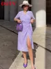 Ootn Lavander Purple Dress Dress Summer Wrap Office Lady Notched Midi Momen Women Women Street Lace Up Slit Lápis Trendência 220511