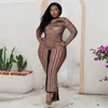 Femmes Plus Taille Combinaisons Barboteuses Robes Rayé Femmes Robe Longue Col Rond Manches Vêtements Stretch Slim Sexy Marron Mode GrossisteWo