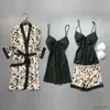 Damen-Nachtwäsche, Sommer-Satin-4-teilige Robe-Sets, Kunstseide-Kimono-Pyjamas für Frauen, Blumendruck, sexy Nachthemden in Übergröße, S2849