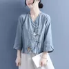 Ropa étnica Blusa de lino de algodón Mujeres Tradicional Bordado de flores Hanfu Tops Sueltos Diario Casual Dama Oriental Tang Traje Blusa Étnica