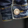 Mäns badge lappar blå denim jacka streetwear lapptäcke jean coat rippade ytterkläder y220803