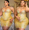 2022 Plus Size Arabic Aso Ebi Gold Роскошные блестящие выпускные платья прозрачная шее вечернее формальное вечеринка второй прием