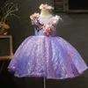 2022 Çiçek Kızlar Elbise Stereo Çiçek Aplike Dew Omuz Prenses Elbise Çocuklar İçin Dantel Tül Uzun Elbise Balo Elbise Çocuk Pageant Elbise