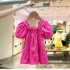 15922 Summer Girls Casual Rose Dress Puff Sleeve Solid Color Kids Children Princess Dress