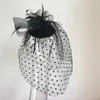 Wedding Fascinator Hat for Bride Bridesmaid Black Mesh Floral Veil with Dots Ostrich Feather Fascinator Jeweled Headband Pearls 3815822