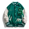 Yüksek Sokak Beyzbol Ceket Erkekler PU Deri Ekleme Havlu Nakış Varsity Ceketler Vintage Gevşek Nedensel Ceket Çift Yeşil Ceket T220816