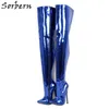 Sorbern Sexy Crotch Oberschenkelhoher Stiefel, 18 cm, Spike-High-Heel-Stilettos, Metallic-Königsblau, harter Schaft, maßgeschneiderte Stiefel mit breiter Wadenpassung