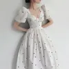 Nowy projekt damskiej wysokiej talii urocze truskawkowe nadruk puff krótki rękaw królewska suknia balowa sukienka midi długie imprezy smlxl