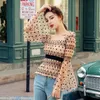 Damskie Bluzki Koszule Streetwear Bluzka Kobiety Sexy Off Ramię Slash Neck Długi Rękaw Siatka Koszula Vintage Dot Zobacz przez Casual Tops