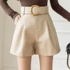 REALEFT femmes short en cuir PU avec ceinture hiver poches élégantes dames élégant solide pantalon décontracté femme 220509