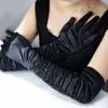 Luvas de festa da década de 1920 para mulheres Luva longa de cetim Ópera Acessórios de fantasia Shirred Cotovelo Luvas de dedo Luvas de cosplay para noite Adereços de palco preto vermelho branco