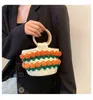 Cotton Knitting Handbag Women Flowers Hollow Crochet Tote Handmade Hook Bucket Bags Ladies Fashion Wooden Handle Top-Handle Bag 220627