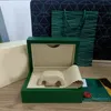 Rolex Box Högkvalitativ Green Watch Cases Papperspåsar Certifikat Originallådor för trä Män Mänklockor Presentväskor Tillbehör H2648