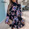 Southpire Navy Floral Print Loose Style Mini Dres Long Sleeve High Neck Party Dress Ladies Day Casual Clothes Spring 220402