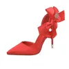 2022 Korean fashion pointed satin high heels bow sexy pearl sandals stiletto shallow mouth wedding shoes G220518