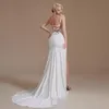 Haut côté fendu Satin sirène robe de mariée col en v Spaghetti sangle pli formelle femmes robe de soirée de mariage CPS1992 UPS