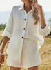 Été plage décontracté bouton blanc femmes ensembles coton lin deux pièces chemise à manches longues et shorts femmes ensemble tenues 220509