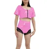 Damen-Trainingsanzüge, sexy PVC-Set, Damen, schwarz, erotische Höschen mit hoher Taille, Wet-Look-Unterwäsche mit bauchfreiem Top, Fetisch-Sissy-Outfit