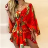 Femmes d'été robes élégantes sexy col en V à lacets imprimé floral mini robe décontractée manches évasées robe de soirée irrégulière pour dames 220621