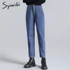 calça jeans azul syiwidii ​​calça jeans elástica de jeans elástica Black Bege Vintage Jeans de cintura alta de tamanho grande Mamãe Moda 210302