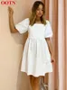 OOTN Summer V Neck Cotton Dress Lantern Sleeve Black Casual Ladies White Shirt Dress Women Solid Female Mini Dresses Beach 220511