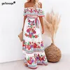 Sommerdruck Vintage lange Kleider für Frauen sexy Offshoulder Rüschen Mode Boho Party Maxi Kleid Ladies Beach Sunddress 220727