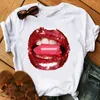 T-shirt con stampa a bocca colorata T-shirt da donna a maniche corte T-shirt grafiche femminili T-shirt nera alla moda da donna