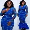 2022 Plus Size Arabic Aso Ebi Mermaid Royal Blue Prom Dresses Lace Feather Evening Formal Party Second Reception Birthday Engagement Gowns Dress ZJ55O
