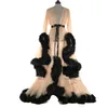 Femmes moelleux plume longue Maxi robe Sexy dentelle voir à travers maille Perspective Flare manches fête Club étage longueur robes