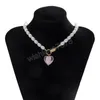 Vintage Pearl Necklace For Women Fashion Geometric Pink Glass Heart Pendant Necklace neck chain Wedding Jewelry